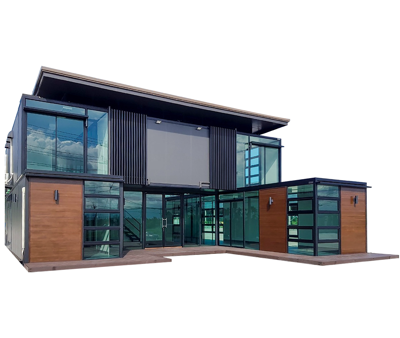 ออฟฟิศสำเร็จรูป สำนักงานสำเร็จรูป โครงสร้างเหล็ก 2 ชั้น เหมาะสำหรับการทำออฟฟิศ สำนักงาน หรือ บ้านพักสำเร็จรูป ขนาดใหญ่ ตกแต่งด้วยผนังกระจก ระแนงไม้ ตอบสนองทุกความต้องการของลูกค้า